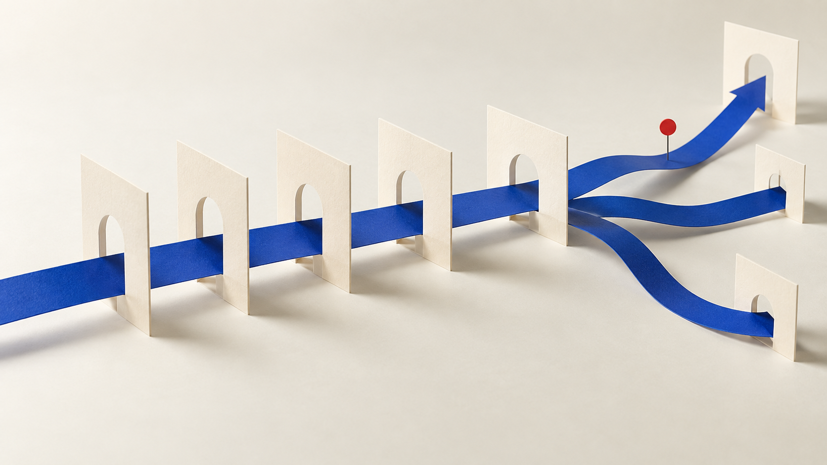 Ruban bleu traversant des portes de papier et plusieurs bifurcations